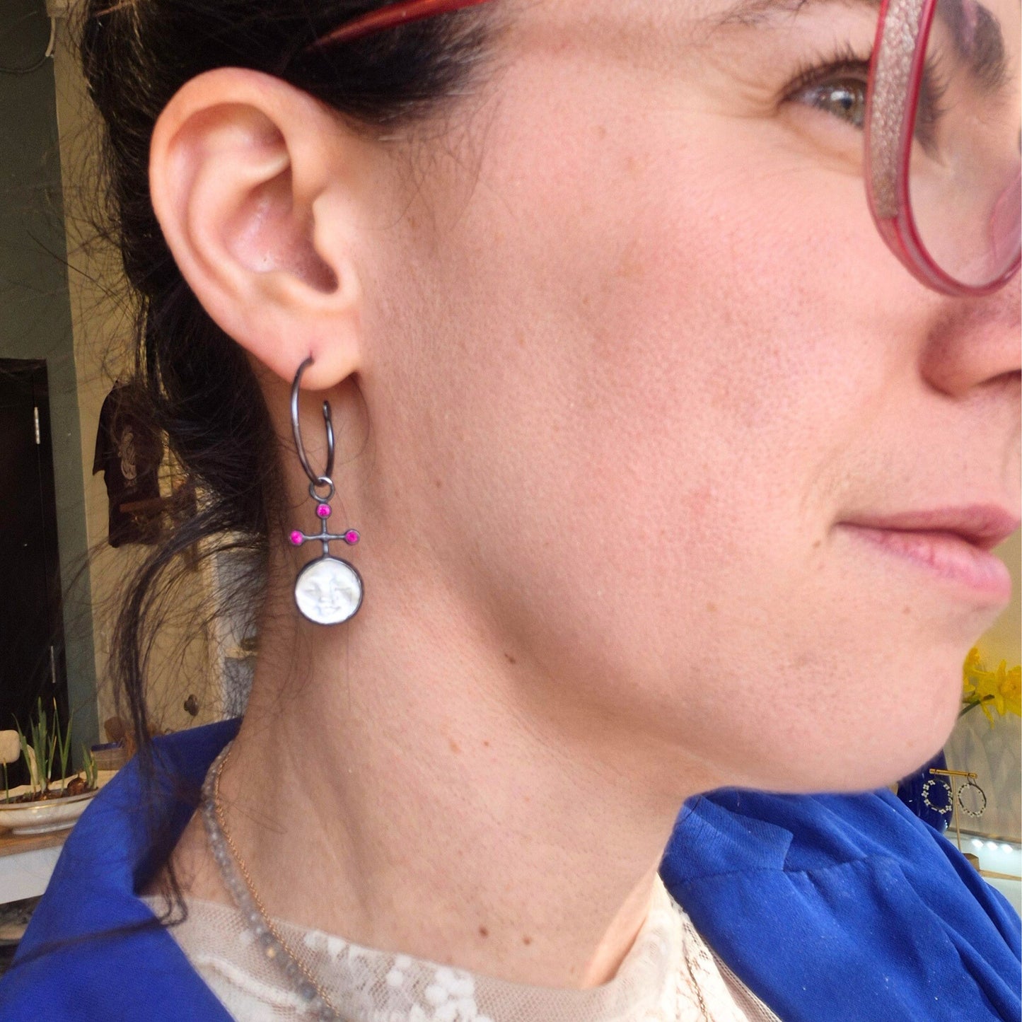 Mother of Pearl and Ruby Moon Hoops