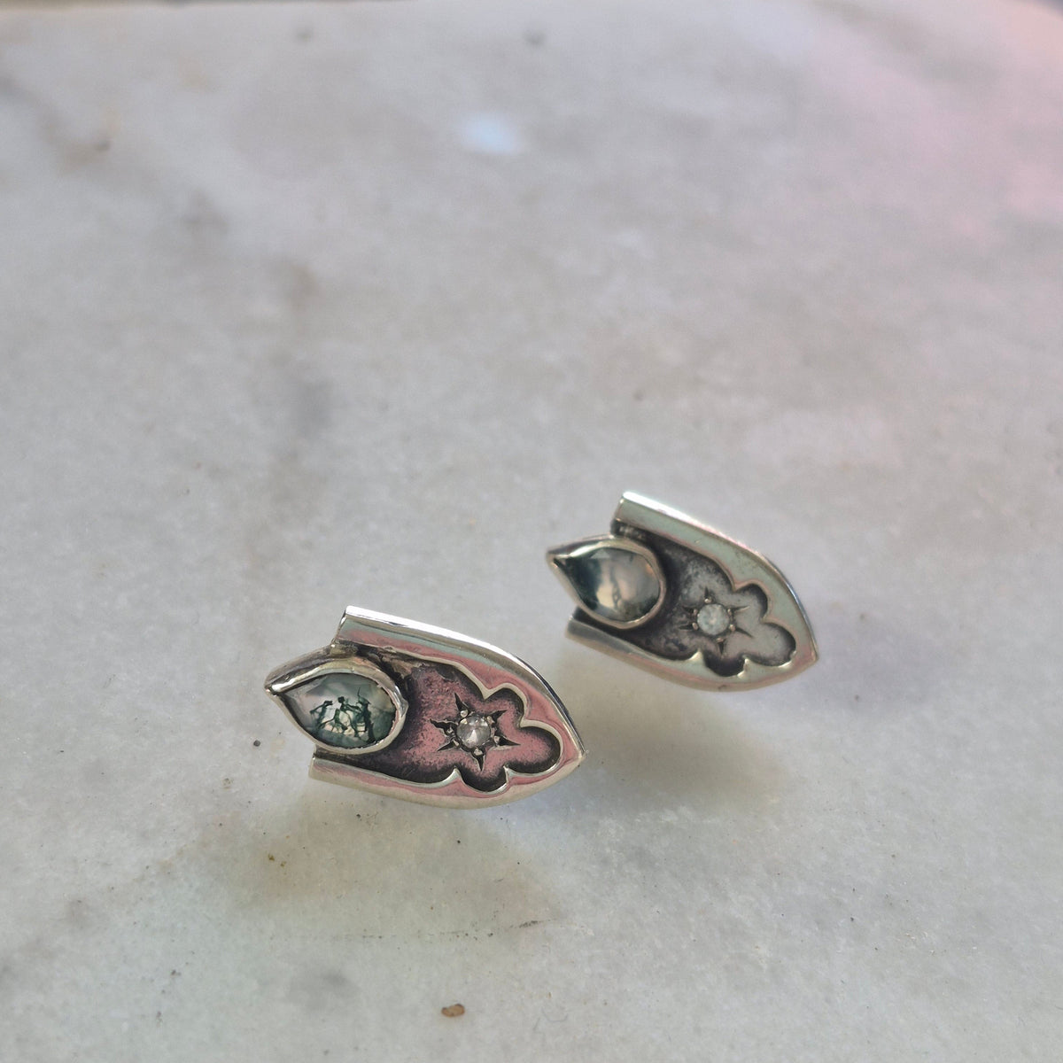 Moss Agate Archway Shield Earrings