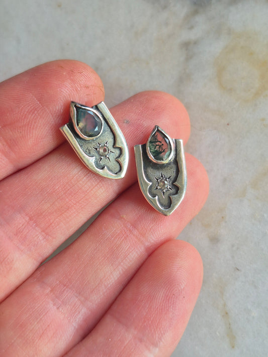 Moss Agate Archway Shield Earrings