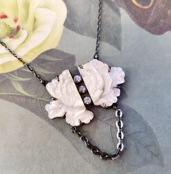 Mother of Pearl and white topaz Peony Necklace