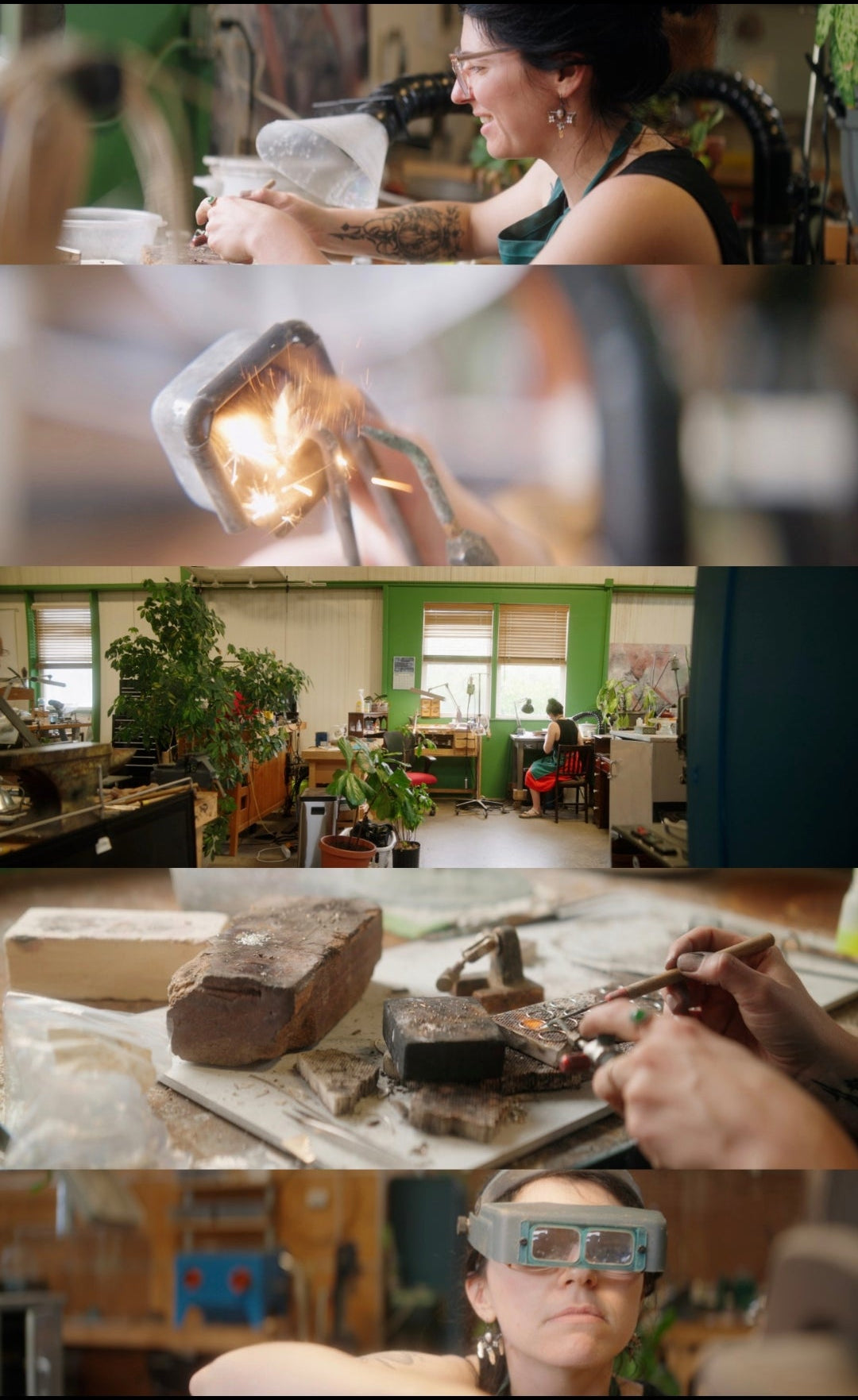 A vertical multi-panel photo collage showing a woman working with a jeweler's tools and materials, including close-ups of her face under a microscope, a glowing flame, an interior workshop scene, hands using a tool, and another close-up of her wearing protective glasses. 