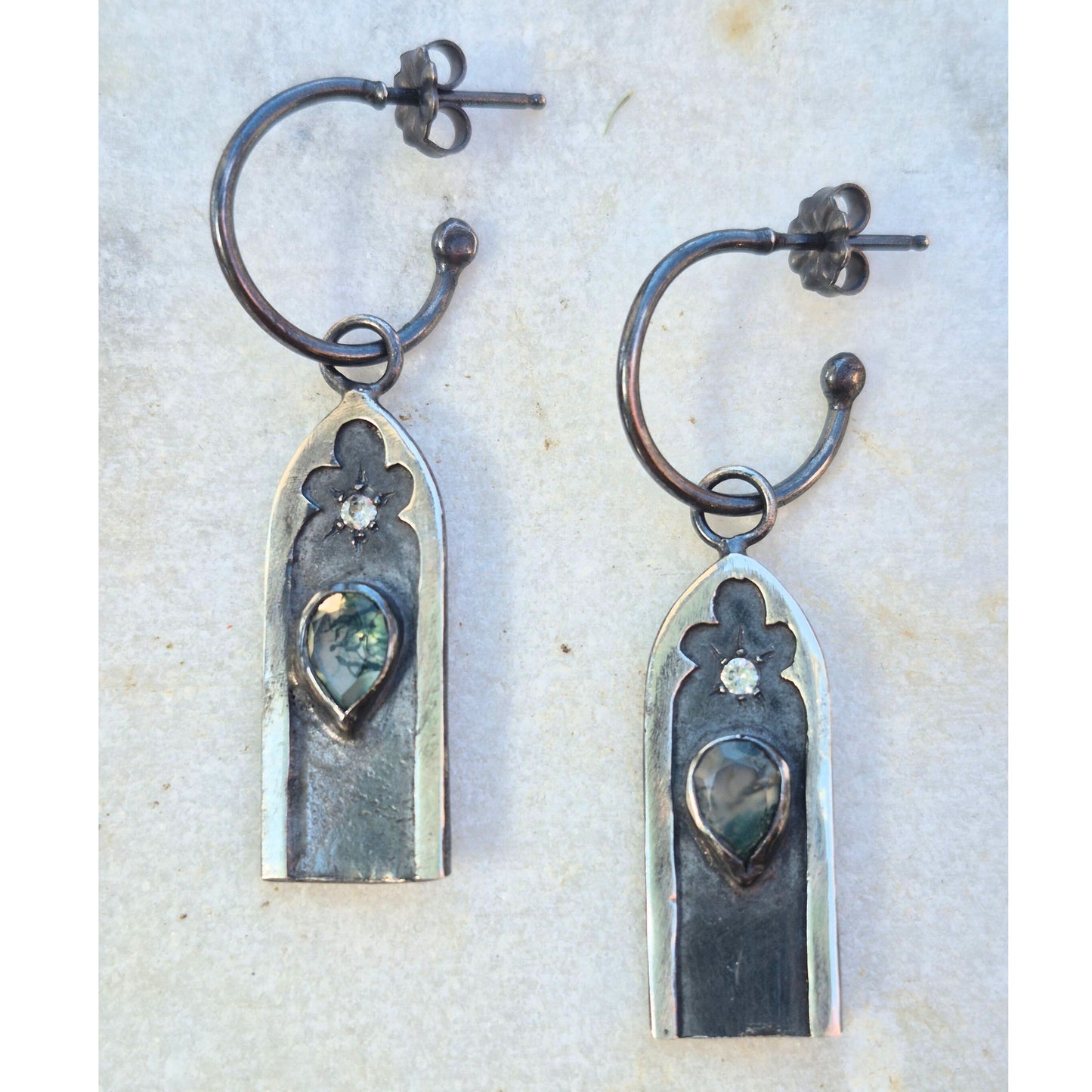 Moss Agate and Sapphire Gothic Arch Hoops
