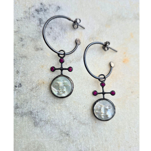 Mother of Pearl and Ruby Moon Hoops