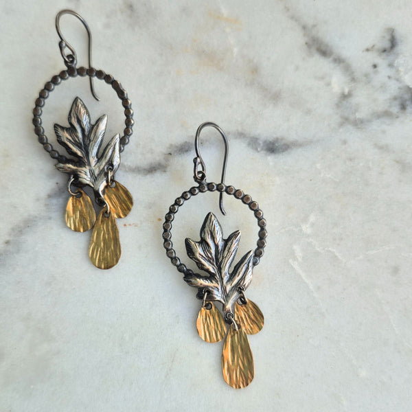 Hawthorn Leaf and Gold Drop Earrings