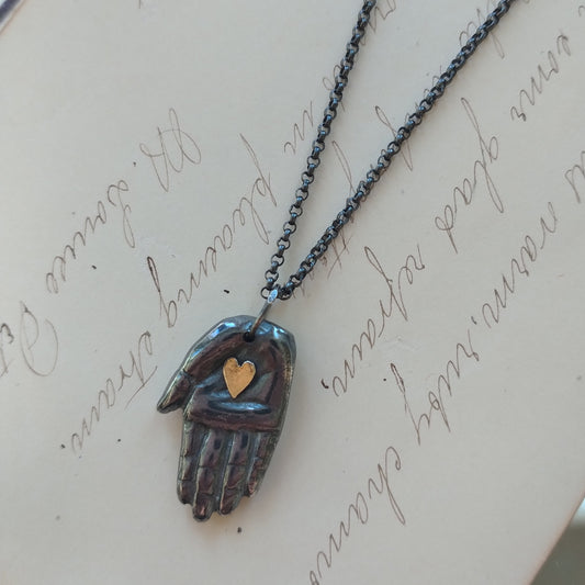 Big Handmade Patina Silver Hand Necklace with Gold Heart